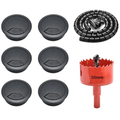 Surf turtle 6 Pack 2 Inch Black Desk Grommets, Flexible Cable Cord Hole Cover with Bi-Metal Hole Saw Kit, 2m Cable Sleeve and Coiled Cord Wrap for Desktop Wire Management - color: Black-T Set, size: 50mm