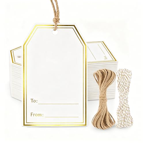 G2PLUS 100PCS Gift Tags with String, Gold Foil to and from Tag, Blank White Paper Name Tags for Gifts, Birthday Bridal Shower, Wedding Favors, Party Favor - style: Gold Double Border - To From
