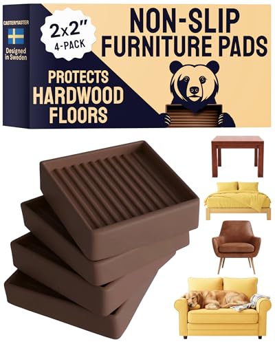CasterMaster Non-Slip Furniture Pads - 2x2 in Brown, 4 Pack | Rubber floor protectors & sliders - anti-skid - Use for chairs, beds & sofas on hardwood, vinyl & tile - color: Brown, size: 2'' x 2'' (Pack of 4)