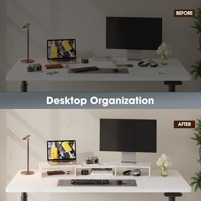 FITUEYES Dual Monitor Stand – 3 Shelf Computer Monitor Riser, Wood Desktop Stand with Adjustable Length and Angle, Desk Accessories, Office Supplies Medium White, DT108008WW - color: White
