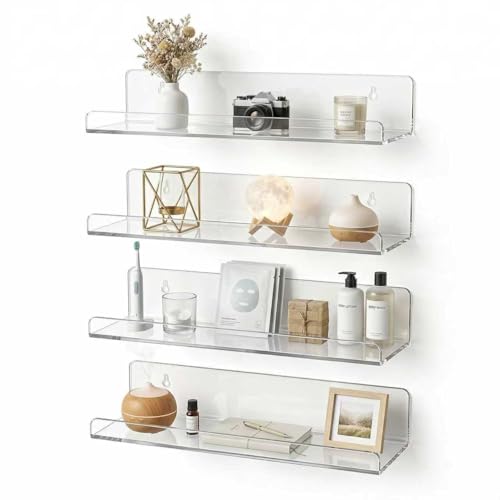 4-Pack Clear Acrylic Floating Shelves, Space-Saving Invisible Wall Shelves for Bathroom Kitchen Office Living Room, Modern Decor Set