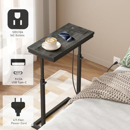 TUTOTAK End Table with Charging Station, Side Table, Tall Couch Table, Sofa Table, Living Room, Bedroom,Grey TB01BY084 - color: Grey, size: 1 Pack, style: With Plug