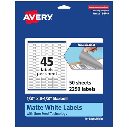 Avery TrueBlock Matte White Barbell Labels, Sure Feed Technology, 0.5" x 2.5", 2,250 Matte White Labels, Laser/Inkjet Printable, Great for Jewelry and Product Merchandising - style: 2,250 labels