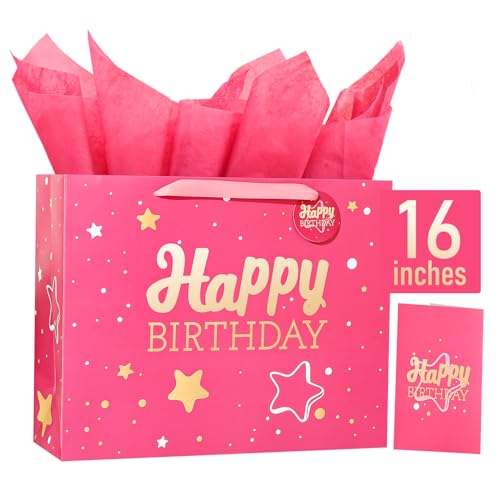 16" Pink Happy Birthday Gift Bag with Tissue Paper and Greeting Card for Party,Happy Birthday Gift Bag for Men Women,Gift Bags Extra Large(1 PCS Pink Hot Stamping) - color: 1 PCS Pink Hot Stamping, size: 5 count (Pack of 1)