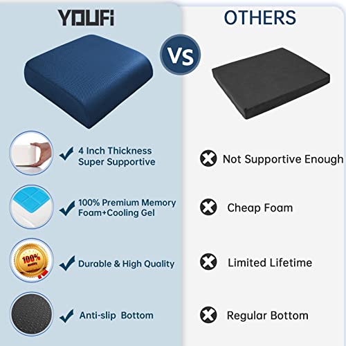 YOUFI Thick Memory Foam & Gel Seat Cushion, 18"X16"X4" Large Chair Cushion for Wheelchair Mobility Scooters, with Non-Slip Bottom and Carry Handle (Blue) - color: Blue