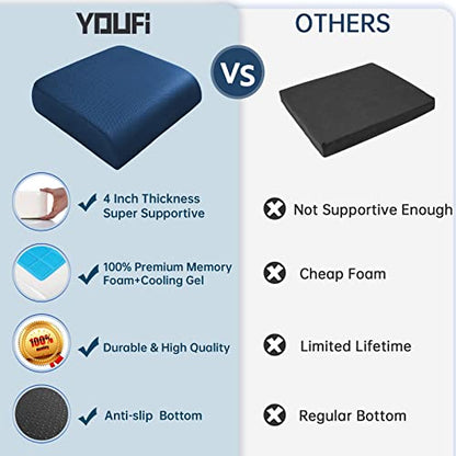 YOUFI Thick Memory Foam & Gel Seat Cushion, 18"X16"X4" Large Chair Cushion for Wheelchair Mobility Scooters, with Non-Slip Bottom and Carry Handle (Blue) - color: Blue