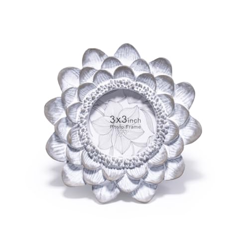 ZAWUU Silver White Flower Picture Frame, 3 x 3 Inch Resin Photo Frame with Lead-Free Non-Toxic Paint, Decorative Tabletop Frame for Bedroom, Living Room, Shelf, Gifts for Women - color: White
