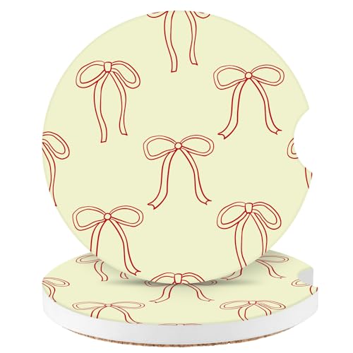 Cute Bowknot Car Coasters,Absorbent 2 Pack for Cup Holders with Finger Notch,2.56 inches Ceramics Heat Resistant Anti Slip Cork Base Car Drinks Coasters Auto Cup Holder - color: Cream Bows1