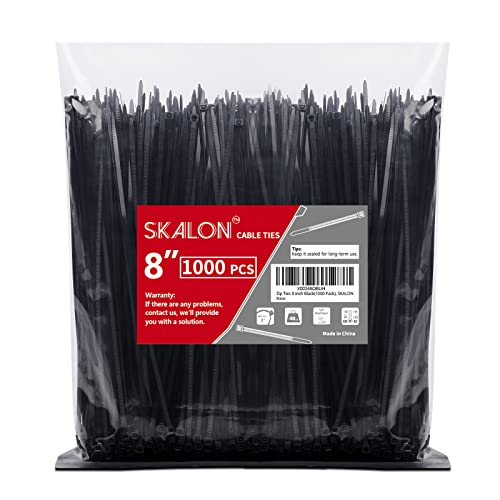 Zip Ties 8 inch (1000 Pack), 40lbs Tensile Strength, Black Cable Ties, Wire Ties for indoor and outdoor use, by Skalon - size: 8" (1000 Pack)