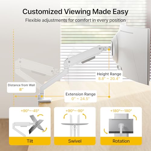 monTEK Single Monitor Arm for Max 45 Inch Ultrawide Screens Adjustable Monitor Desk Mount Holds 35 Lbs Cable Management with C Clamp/Grommet Desk Mount, VESA 75/100mm - color: White, size: without USB