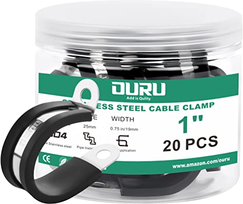 OURU 20pcs 1 Inch Stainless Steel Cable Clamps, Rubber Coated, Black - size: 20pcs - 1"