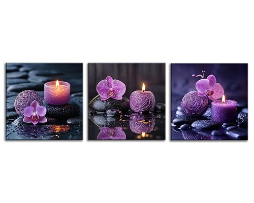 NAN Wind 3PCS Zen Canvas Wall Art Purple Orchid Spa Decor Aromatherapy Candle Black Stone Prints Modern Meditation Room Decor Bathroom Yoga Studio Wall Pictures Relaxing Home Artwork Ready to Hang - color: Serenity in Purple, size: 12X12inchX3pcs