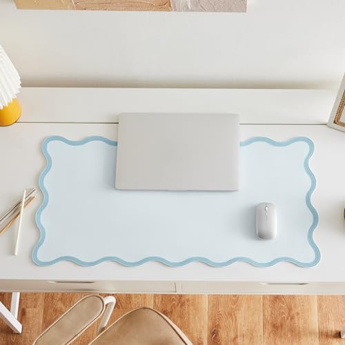 Blue Scalloped Desk Mat, 31.5" x 15.7", PU Leather, Waterproof Anti-Slip, Cute Aesthetic Desk Pad for Office/Home/Game - color: Blue