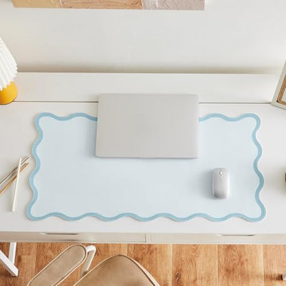 Blue Scalloped Desk Mat, 31.5" x 15.7", PU Leather, Waterproof Anti-Slip, Cute Aesthetic Desk Pad for Office/Home/Game - color: Blue