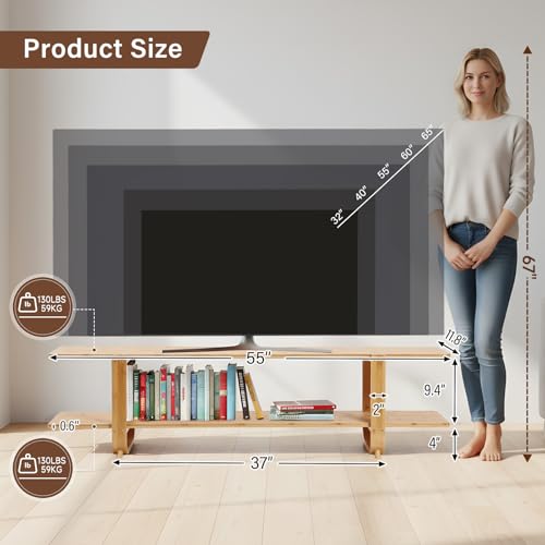 Tiita Bamboo TV Stand for 55 Inch TV, Entertainment Center with 2 Open Shelf, Mid Century Modern Media Console for Living Room, Bedroom, Wood - color: Wood