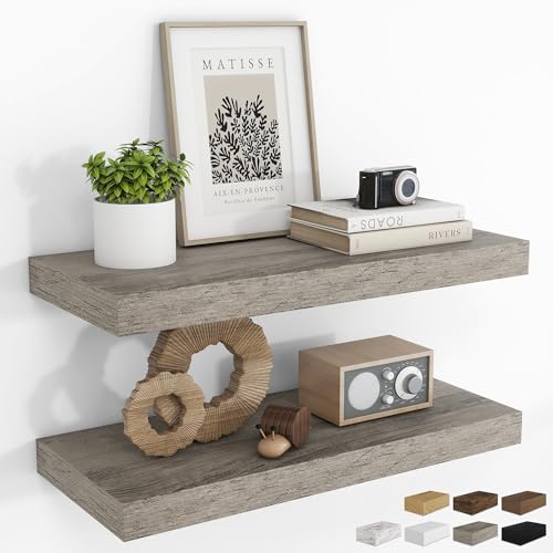 RICHFOCUS 24Inch Floating Shelves for Wall 2 Pack Shelves for Bedroom|Kitchen|Bathroom Wall Mounted Rustic Wood Floating Shelf with Invisible Brackets for Books|Storage|Decor, Grey - color: Grey, size: 23.6"L x 8"D, Set of 2