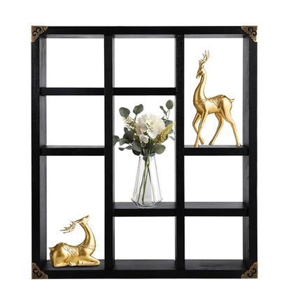 17.7x15.7-Inch Shadow Box Shelf 9-Slot Rustic Floating Shelves Larger Wall Mounted Lightweight Solid Wood Display Freestanding Farmhouse Shelf (9C-Classic Black) - color: 9c-classic Black, size: 1 PCS