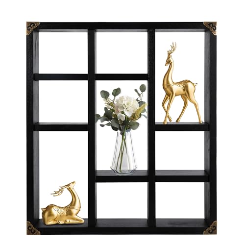 17.7x15.7-Inch Shadow Box Shelf 9-Slot Rustic Floating Shelves Larger Wall Mounted Lightweight Solid Wood Display Freestanding Farmhouse Shelf (9C-Classic Black) - color: 9c-classic Black, size: 1 PCS
