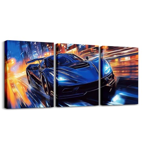 Erosebridal Boys Race Car Wall Art,Cool Navy Blue Racing Car Canvas Wall Art Set of 3 for Kids Boys,Cool Extreme Sports Game Poster Prints for Teens Car,Soft Lightweight&All Season,12x16 - color: Navy Blue