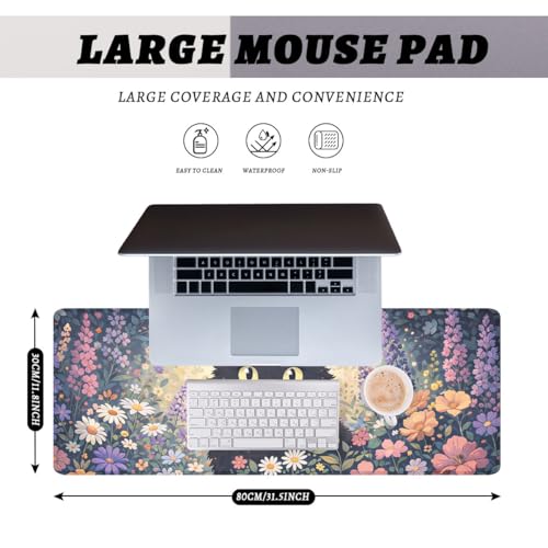 Cute Black Cat Gaming Mouse Pad Floral Cottagecore Large Desk Mat Waterproof Stitched Edges Rubber Base Non-Slip Deskmap Computer Keyboard Mat Office Computer Keyboard Laptop 31.5"x11.8" - color: Cute Black Cat