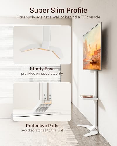 Ultra Slim Tall Floor TV Stand for 37-86 Inch TVs, Modern Curved Base with Shelf, Adjustable Height & Tilt, Space-Saving Design with Cable Management, Fits VESA 600x400mm, White - color: White, size: Tall - 61.8" H