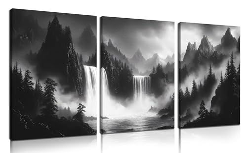 CIRABKY Foggy Forest Wall Art for Living Room - Mountains Canvas Wall Art for Office - Black and White 3 Piece Wall Decor Size 12" x 16" - color: Black White 3, size: 16"L x 12"W x 3 PCS