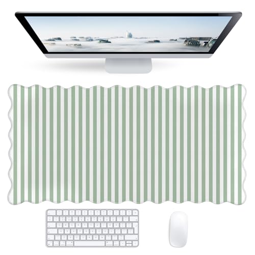 Striped Scalloped Mouse Pad,Cute Kawaii Green Stripes Large Desk Mat Non-Slip Rubber Base,Aesthetic Decor Gaming Computer Desk Pad for Office Laptop Mouse Keyboard Pad, XL 31.5" x 15.7" - color: Green