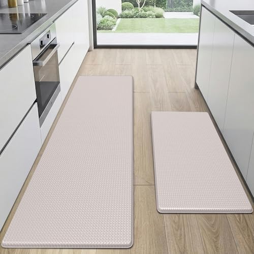 Kitchen Mats for Floor 2 Piece - 17"x29"+17"x59" Anti Fatigue Mats for Kitchen Floor - Non Slip Cushioned Rugs for Standing - Ivory - color: Ivory, size: 2pc: 17" x 29" + 17" x 59"