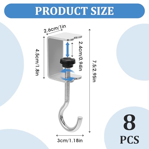 cobee Clamp-On Under Desk Hooks, Desk Mount Hanging Bag Holder Metal Hook Adjustable Headphones Clamp Organizer Portable Purse Hanger Clip Reduce Desk Clutter Table Desk Under Counter (8 Pcs, Silver) - color: 8 Pcs, Silver