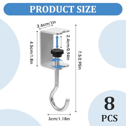 cobee Clamp-On Under Desk Hooks, Desk Mount Hanging Bag Holder Metal Hook Adjustable Headphones Clamp Organizer Portable Purse Hanger Clip Reduce Desk Clutter Table Desk Under Counter (8 Pcs, Silver) - color: 8 Pcs, Silver