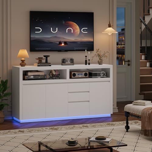FACBOTALL 63" W Modern TV Stand, Large Entertainment Center with Storage Cabinets & Drawers, Media Console Cabinet up to 70 Inch with LED Lights & Power Outlet, TV Consoles for Living Room, White - color: White