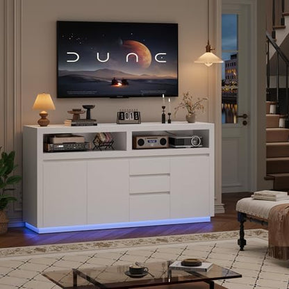 FACBOTALL 63" W Modern TV Stand, Large Entertainment Center with Storage Cabinets & Drawers, Media Console Cabinet up to 70 Inch with LED Lights & Power Outlet, TV Consoles for Living Room, White - color: White