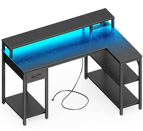 SUPERJARE 47 inch L Shaped Gaming Desk with LED Lights & Power Outlets, Reversible Computer Desk with Shelves & Monitor Stand, Corner Desk with Drawer, for Home & Office, Black - color: Black, size: 47 inch