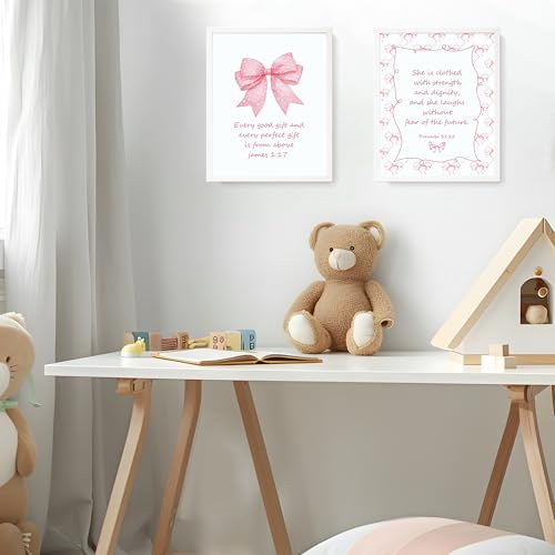 LARTSFRO Coquette Pink Bow Jesus Wall Art Decor Posters, Light Pink Bow Christian Room Bedroom Bathroom Dorm Wall Art Decor Aesthetic for College Teen Girls Gifts, Inspirational Bible Verses Bow Wall Decor, 10x8 Inch Set of 4 Bow Pictures (UNFRAMED) - col
