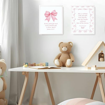 LARTSFRO Coquette Pink Bow Jesus Wall Art Decor Posters, Light Pink Bow Christian Room Bedroom Bathroom Dorm Wall Art Decor Aesthetic for College Teen Girls Gifts, Inspirational Bible Verses Bow Wall Decor, 10x8 Inch Set of 4 Bow Pictures (UNFRAMED) - col