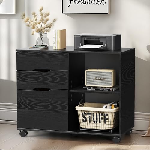 DUMOS File Cabinet with 3 Drawers, Wood Under Desk Storage Printer Stand | Rolling Lateral Filing Cabinet with Adjustable Shelves for Home Office Study Organization,Black - color: Modern Black