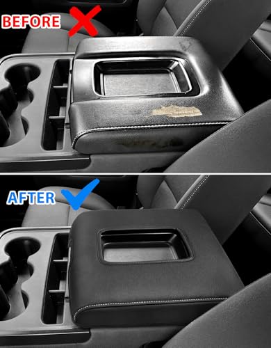 Center Console Cover for 2014-2018 Chevy Silverado & GMC Sierra 1500 2500 3500, Durable PU Leather Armrest Lid Covering Protector, Anti-Scratch, Gray Stitches (Fits Split Bench Jump Seat) - color: Black with Gray Stitching