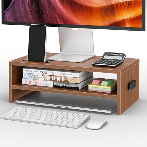 BONTEC Wooden Monitor Stand Riser, 2-Tier Desk Shelf with Storage Organizer, Ergonomic Computer Stand with Cable Management, Cellphone Holder, Walnut, 16.5 Inch - color: Walnut, size: 16.5 Inch