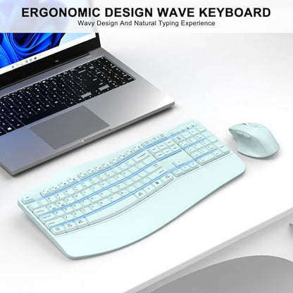 Wireless Keyboard and Mouse Combo, 2.4G Full Size Wave Keys Ergonomic Keyboard with Wrist Rest and 3-Level DPI Adjustable Wireless Ergonomic Mouse for Windows, Mac OS Desktop/Laptop/PC(Mint Green) - color: Mint green