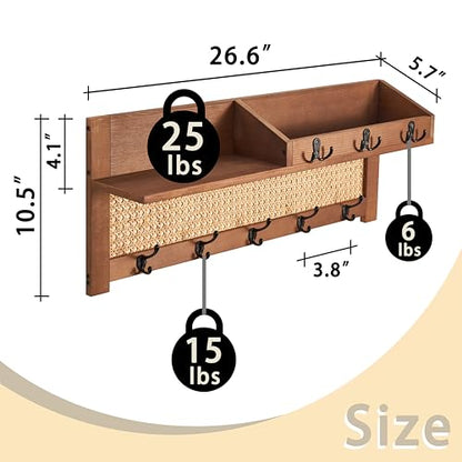 Coat Rack Wall Mount with Hooks & Shelf - Wooden Entryway Organizer for Hanging Coats, Keys, Hangers - Space Saving Durable Wood Holder for Hallway, Bedroom, Office-The Rattan Model