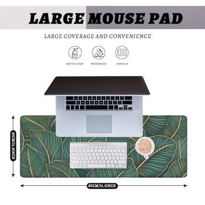 Tropical Jungle Mouse Pad Green Banana Leaf Gold Leaves Large Desk Mat Extended Large Laptop Keyboard Non-Slip Rubber Base with Stitched Edges for Home 31.5 x 11.8 Desk Home Office Gaming - color: Tropical Jungle, size: 31.5" x 11.8"