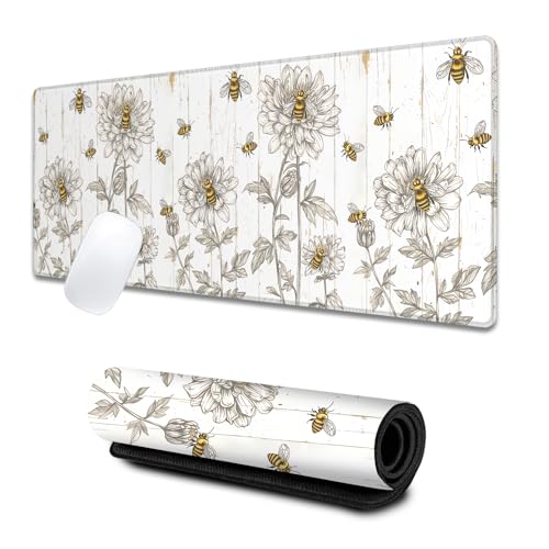 Bee Large Gaming Desk Mat,Rubber Non-Slip Bumble Floral Mouse Pad,31.5x11.8x0.12in Extended Multiple Colors Cute Sketch Bees Mousepad,Game Lover Mice Pads Gifts,Office Home Deskmat Decor - color: Bee