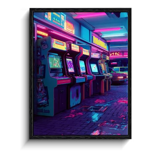 Retro Arcade Wall Art, neon arcade machines, cyberpunk wall decor, matte finish framed canvas print, gaming poster artwork, for game room gift, 12x15 inch - color: Neon Retro Arcade