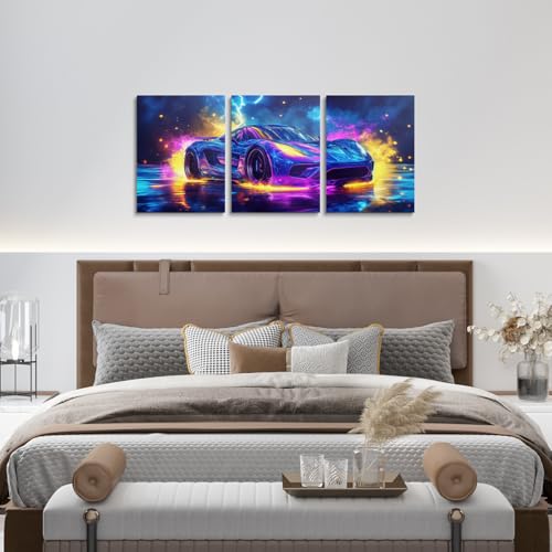 Erosebridal Neon Race Car Canvas Wall Art Set of 3 for Boys,Cool Watercolor Sports Car Wall Art for Kids Boys Girls,Extreme Sports Car Racing Games Poster Prints,Teal Blue Lightning Decor,12x16 - color: Blue Black
