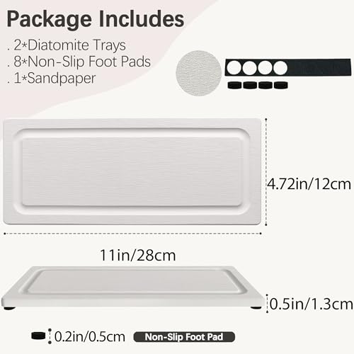 2 PCS Fast-Drying Stone Trays for Bathroom Sink & Kitchen Counter, Water Absorbing Diatomite Sink Coasters, Vanity Tray, Hand Soap Holder with Anti-Skid Pads (11" x 4.7" White) - color: 11" X 4.7" White