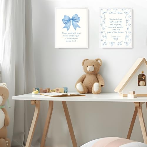 LARTSFRO Coquette Blue Bow Jesus Wall Art Decor Posters, Light Blue Bow Christian Room Bathroom Bedroom Dorm Wall Art Decor Aesthetic for College Teen Girls Gifts, Inspirational Bible Verses Bow Wall Decor, 10x8 Inch Set of 4 Bow Pictures(UNFRAMED) - colo