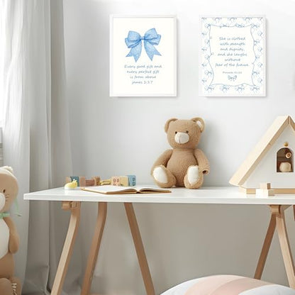 LARTSFRO Coquette Blue Bow Jesus Wall Art Decor Posters, Light Blue Bow Christian Room Bathroom Bedroom Dorm Wall Art Decor Aesthetic for College Teen Girls Gifts, Inspirational Bible Verses Bow Wall Decor, 10x8 Inch Set of 4 Bow Pictures(UNFRAMED) - colo