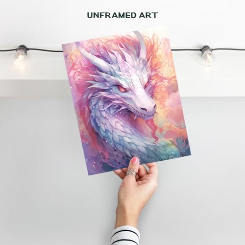 Fantasy Dragon Wall Art - Science fiction Mythical Creatures - Video game Room Wall Decor - Pink White Gamer Girl Room Decor - Sci Fi Wall Art Gaming Art Print - Dragon Art playroom Decor - Dragon Poster