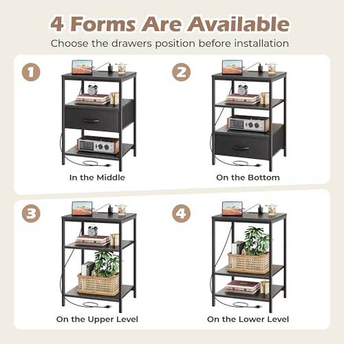 SUPERJARE Night Stand with Charger Station, 27.7 Inch Tall Nightstand with Adjustable Fabric Drawer, Bed Side Table, Fabric Drawer Dresser for Bedroom, Living Room, Black - color: Black, size: L (15.7"D x 17.7"W x 27.7"H)