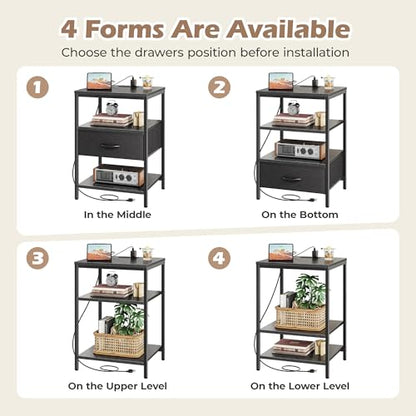 SUPERJARE Night Stand with Charger Station, 27.7 Inch Tall Nightstand with Adjustable Fabric Drawer, Bed Side Table, Fabric Drawer Dresser for Bedroom, Living Room, Black - color: Black, size: L (15.7"D x 17.7"W x 27.7"H)